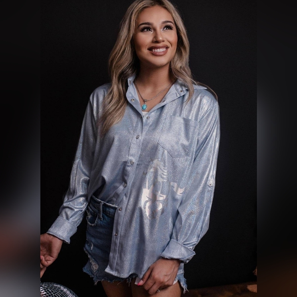 NWT Blue Wild Horses Pearl Snap Gold Foil Button Down Shirt